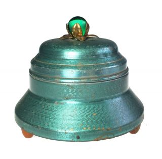 Teal Metal Footed Powder Puff Music Box Green Glass Marble Handle Vanity