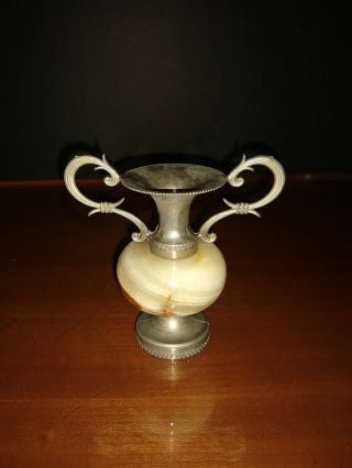 Vintage Brass And Alabaster Marble Vase With Ornate Handles,  Small 3.  25 "