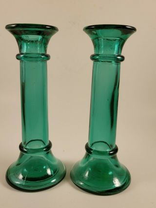Collectible Vintage Set Of 2 Aqua/green Glass Candle Sticks / Candlesticks 7 "