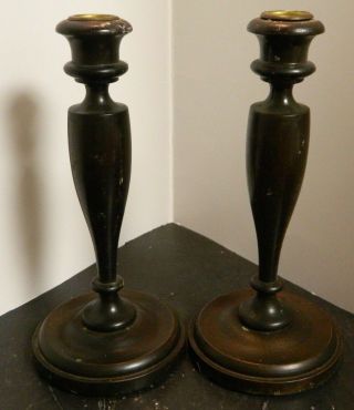 Vintage Dark Brown Wooden Candle Sticks Brass Cups 9 " X 4.  25 " Very Good Cond