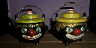 Vintage Thames Black Teapot Hand Painted Clown Face Salt & Pepper Shakers Japan