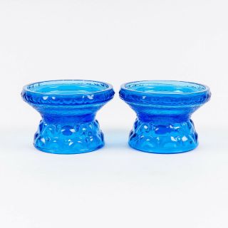 Set Of 2 Vintage Blue Pressed Glass Pillar Taper Candle Holders 2 3/4 " Tall