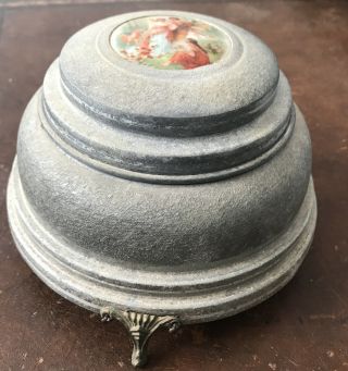 Vintage Music Powder Puff Box,  Round,  Metal,  Mother & Child Music Plays And