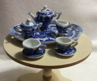 10 Piece Miniature Porcelain Tea Set Doll House Blue & White Asian Inspired
