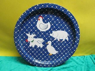 Decorative Metal Tray Blue Calico Print Barnyard Farm Animals Hen,  Cow,  Pig,  Duck