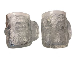 Luminarc Clear Glass Santa Claus Mug Set Of 2 Holly & Berries Handle Vintage