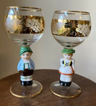 Vintage Goebel Hummel Set Of 2 Figurine Stem Wine Glasses Gold Etched Germany