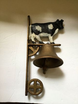 Vintage Cast Iron/metal Large Bell Wall/side Mount Holstein Cow On Top 13” Long