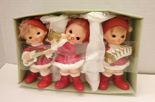 Rare Set Of 3 Vintage Christmas Girls W/instruments & Red Sock Hats Hair Japan