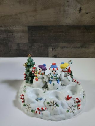 Partylite Snowbell Tealight & Pillar Candle Holder Snowman Family Christmas