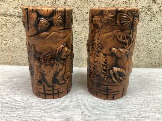 Vintage Ceramic Log Deer Bear Woods Forest Salt & Pepper Shakers With Base Japan