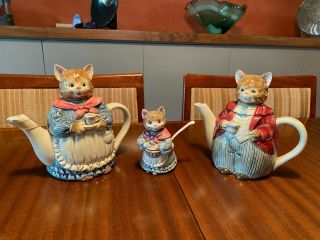 Vintage Otagiri Mother Father Tea Pots And Kitten Sugar Holder Porcelain Chips