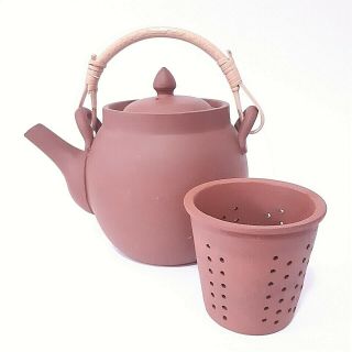 Vintage Handmade Unglazed Red Clay Teapot W.  Jointed Cane Handle Clay Strainer