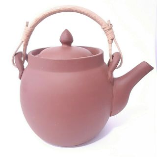 Vintage Handmade Unglazed Red Clay Teapot w.  Jointed Cane Handle Clay Strainer 2