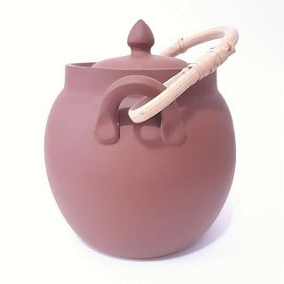 Vintage Handmade Unglazed Red Clay Teapot w.  Jointed Cane Handle Clay Strainer 3