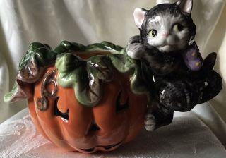 Fitz And Floyd Ceramic Cat & Pumpkin Jack - O - Lantern Candle Euc Halloween