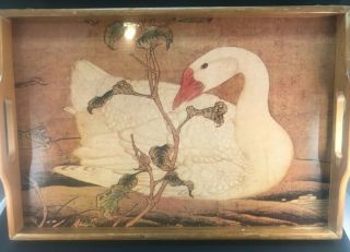 Vintage Artsy Wood And Resin ? Serving Tray With White Goose Swan Mid Century