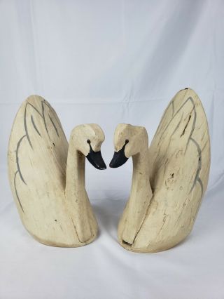 Vintage Set Of Handmade Carved Wooden Painted Swan Book Ends Gc