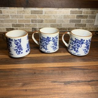Set Of 3 Vintage Brown & Blue Floral Stoneware Speckled Coffee Cup Mug 3 1/2 "