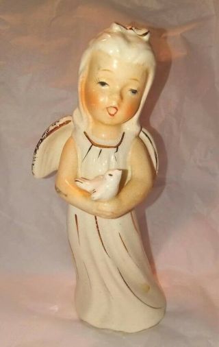 Vintage Angel Girl Figure With Bird Japan White Gold Trim Pretty
