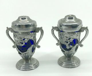 Vintage Dragon Totsu Japan Salt & Pepper Shakers Cobalt Blue Glass Inserts
