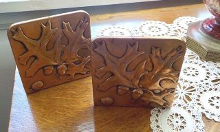 Antique Arts And Crafts Copper Bookends,  Acorns And Leaves Hand Tooled.
