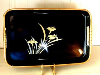 Vintage Black Lacquer Japan Tray With Gold Trim And Wrapped Handles Gold Flowers