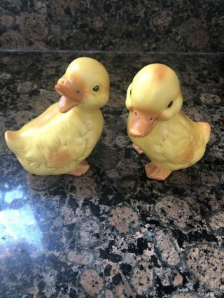 2 Vintage Easter Yellow Chicks Ducks Ceramic Figurines 3 1/2 " Tall