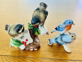 Vintage Pair - Andrea By Sadek Porcelain Bird Figurines Chickadees & Blue Birds