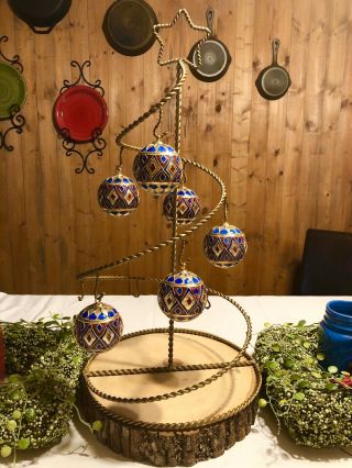 6 Vintage Enameled Cloisonne Round Christmas Ornament (gold - Red - Blue) Box