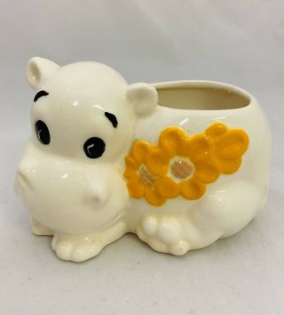 Vintage Hippo Planter White With Yellow Flowers 1979 Makeup Pencil Holder 6x4