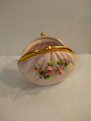 Vintage 1950’s Lefton Hand - Painted Pink Porcelain Purse Planter,  Vase