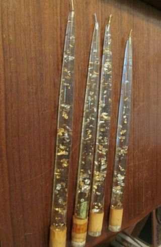 Vintage Acrylic Lucite Clear Taper Candles W/ Gold & Silver Flakes Set Of 4