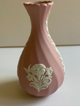 Rare Vintage Wedgwood Small Pink Jasperware Swirl Footed Vase Two Flower Motifs