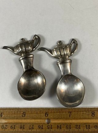 Pair Vintage Silver - Plate Loose Tea Caddy Spoons Teapot Shaped Handles Addas