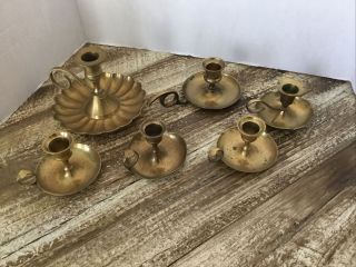 Vintage Brass Chamberstick Candle Stick Holder With Finger Loop & Drip Tray - 6