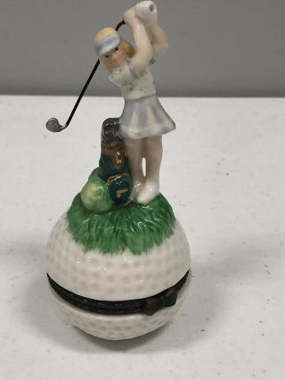 Lady Golfer Trinket Box Golfing Trinket Box Golf Ball Bag Vintage 4.  5 " X 2.  5 "