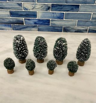 Department 56 Snow Village Set Of 8,  Frosted Topiaries Bottlebrush Trees 2 Sizes