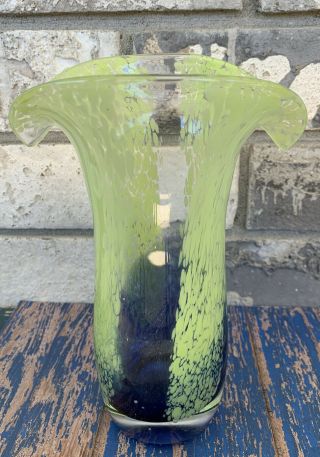 Teleflora Gift Hand Blown Art Glass Green & Blue Flower Floral Vase