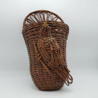 Vintage Wicker Rattan Hanging Wall Basket With Bird