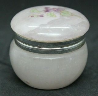 Alabaster Hand Carved Pink/floral Round Trinket Box - Made In Italy A2