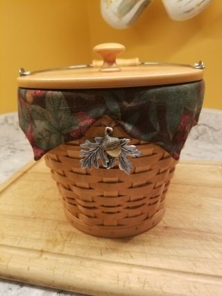 Longaberger Sage Autumn Pail Basket - Lid,  Protector,  Liner & Acorn & Leaf Tie - On