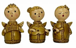 Vintage Set Of 3 Christmas Angel Figurines Carolers Gold Resin Mcm Japan