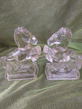Rare Vintage L E Smith Two Clear Glass Rearing Horse Bookends Mid Century