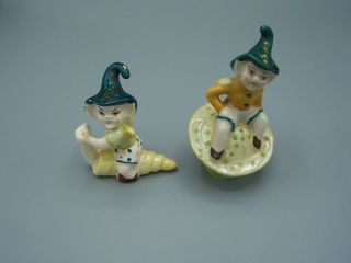 Vintage Pixie Elf On Mushroom & Snail Salt & Pepper Shakers Occupied Japan
