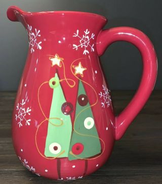 Hand Painted Christmas Pitcher Jug Holiday Snowflakes Trees Ceramic Food Safe