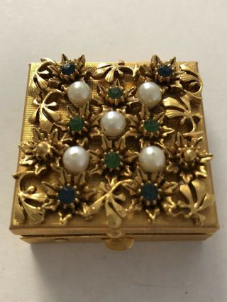 Estate Vintage Ornate Hinged Trinket Box Gold Tone W Rhinestones Faux Pearls