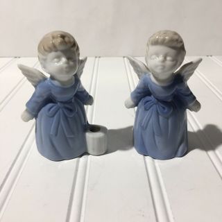 Vintage Porcelain Kissing Angels Figurines Blue/white Made In Japan Set Of 2