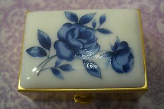 Vintage Gold Tone Trinket Pill Box Porcelain Cobalt Blue Flower Rose Sewing Box