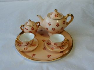 Miniature 9 Piece Tea Set Occupied Japan Pink With Red Daisy Flowers